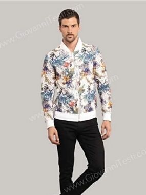 Giovanni Testi White Floral Zip Bomber Jacket for Men